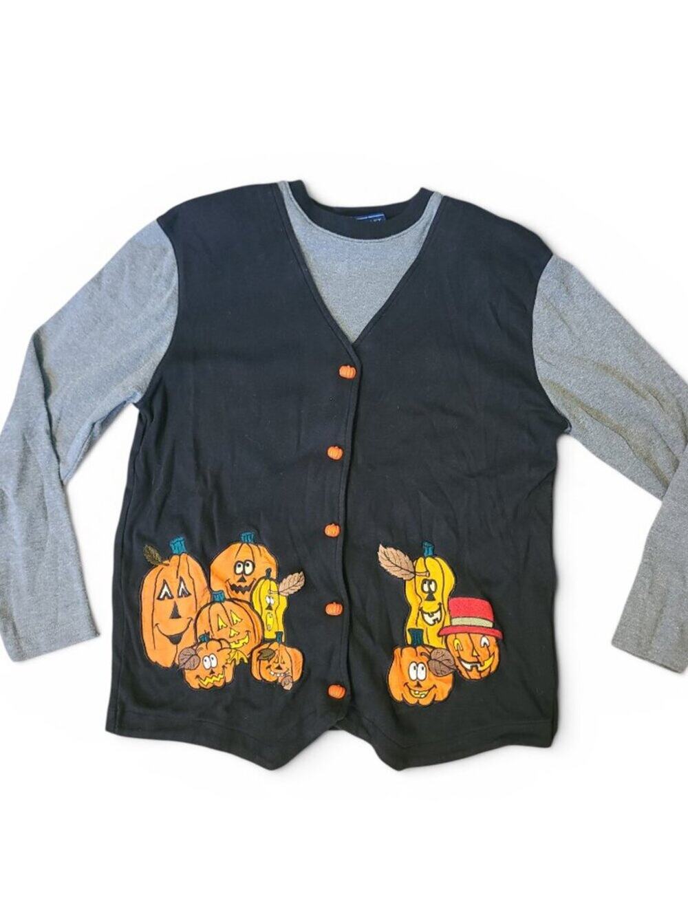 Vintage 90s Halloween Jack o Lantern Pumpkin Long Sleeve Button Shirt